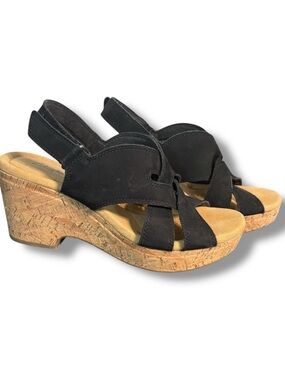 Clarks Giselle Flora Womens Suede Leather Cork Wedge Platform Sandals Black 9